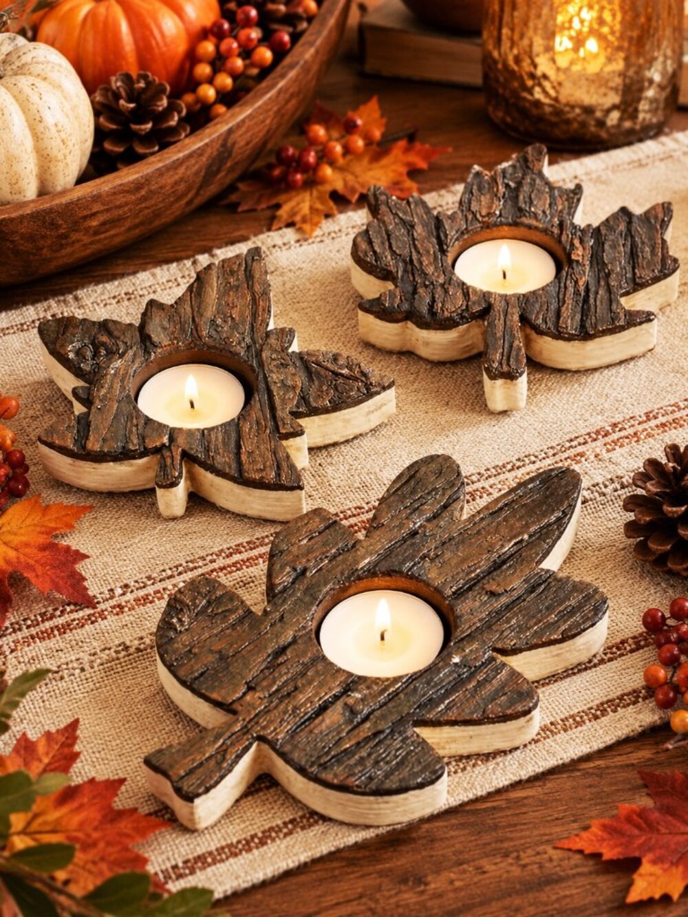 Woodland Leaf Dark Brown Ceramic Tea Light Candle Holders Set of 3 NIB